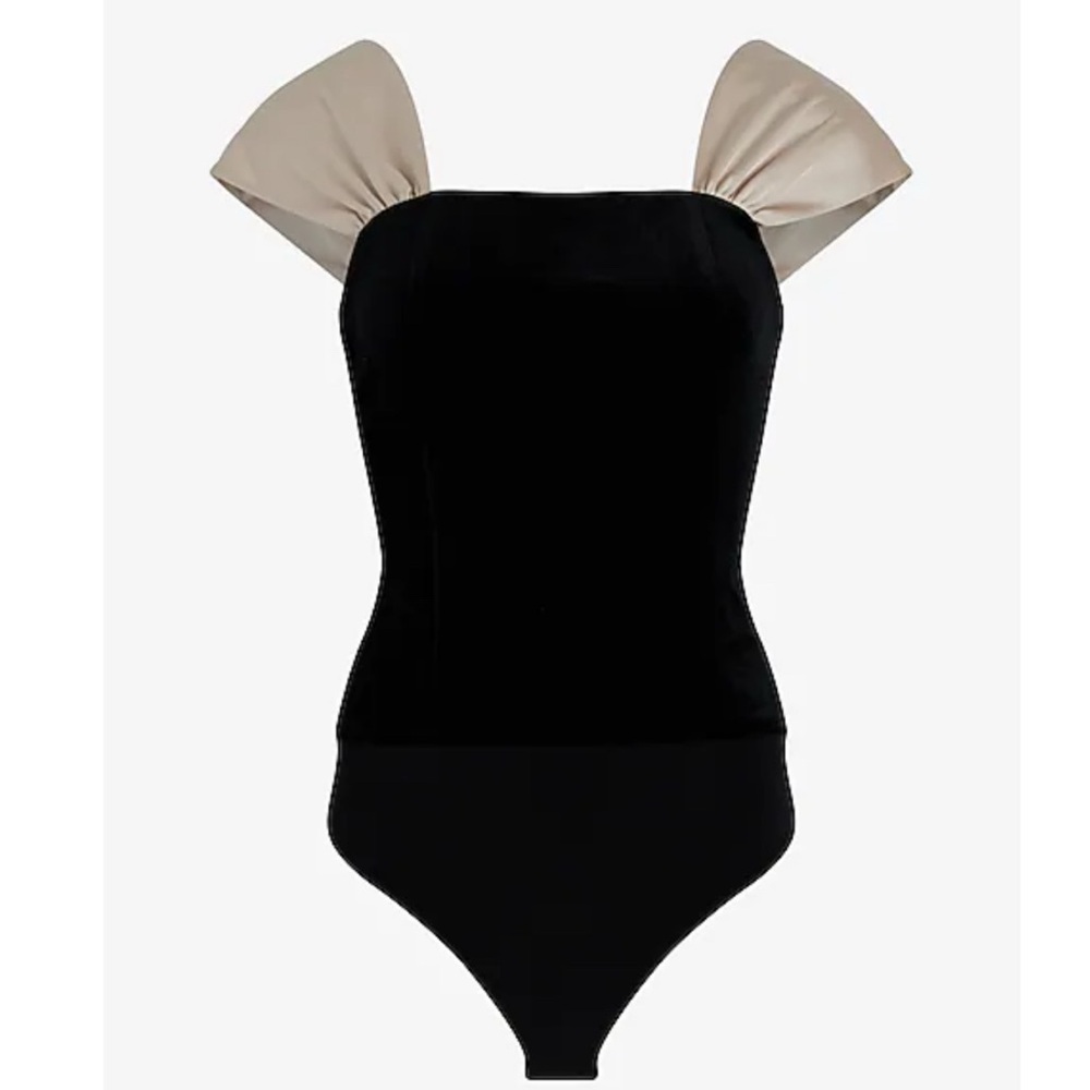 Express Velvet Square Neck Satin Rhinestone Bow Bodysuit - Picture 3 of 6